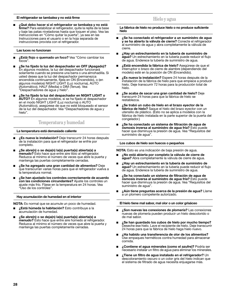 Temperatura y humedad, Hielo y agua | Amana W10321485A User Manual | Page 28 / 54