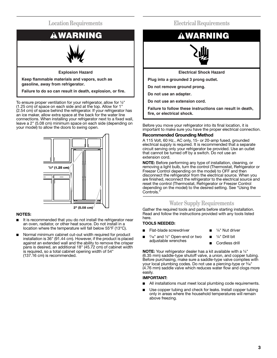 Warning, Location requirements, Electrical requirements | Water supply requirements | Amana W10321485A User Manual | Page 3 / 54