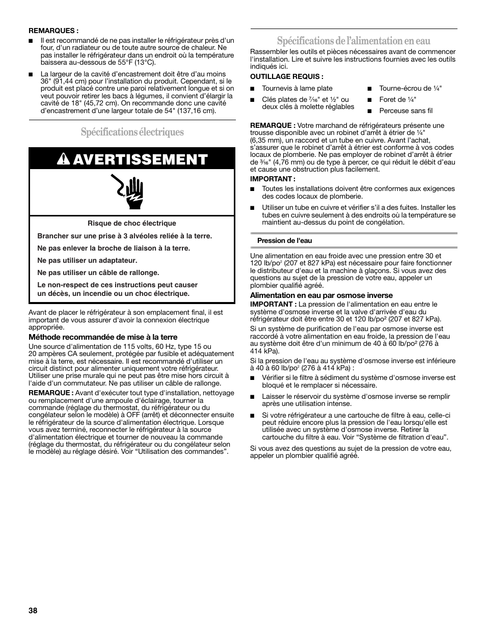 Avertissement, Spécifications électriques, Spécifications de l’alimentation en eau | Amana W10321485A User Manual | Page 38 / 54