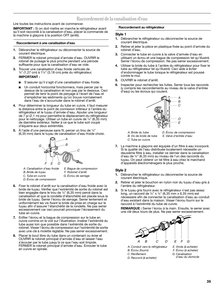 Raccordement de la canalisation d'eau | Amana W10321485A User Manual | Page 39 / 54