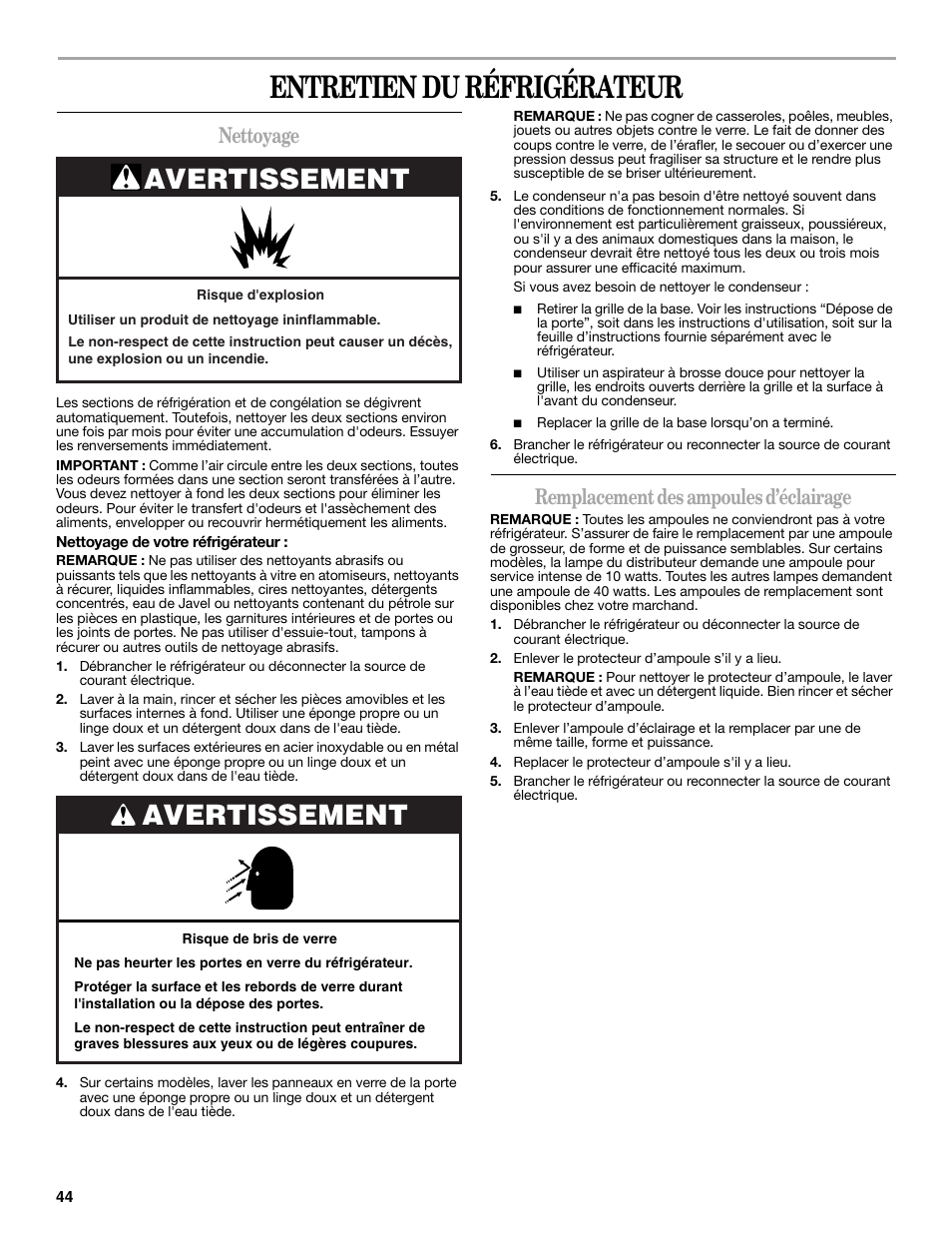 Entretien du réfrigérateur, Avertissement, Nettoyage | Remplacement des ampoules d’éclairage | Amana W10321485A User Manual | Page 44 / 54