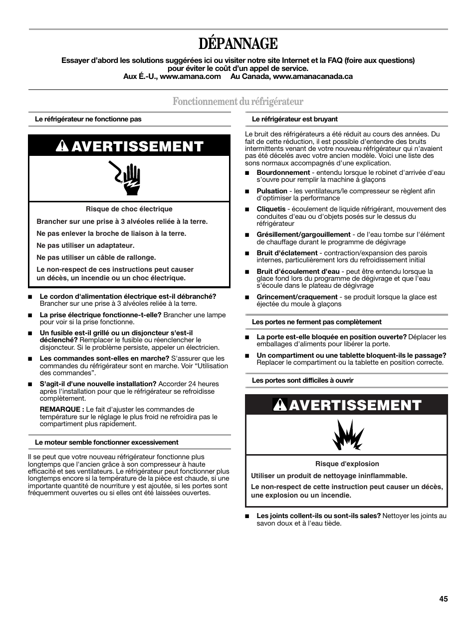 Dépannage, Avertissement, Fonctionnement du réfrigérateur | Amana W10321485A User Manual | Page 45 / 54