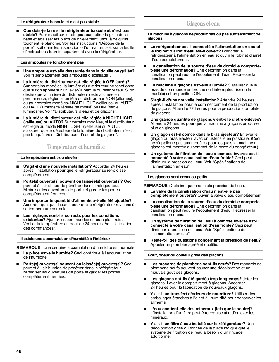 Température et humidité, Glaçons et eau | Amana W10321485A User Manual | Page 46 / 54