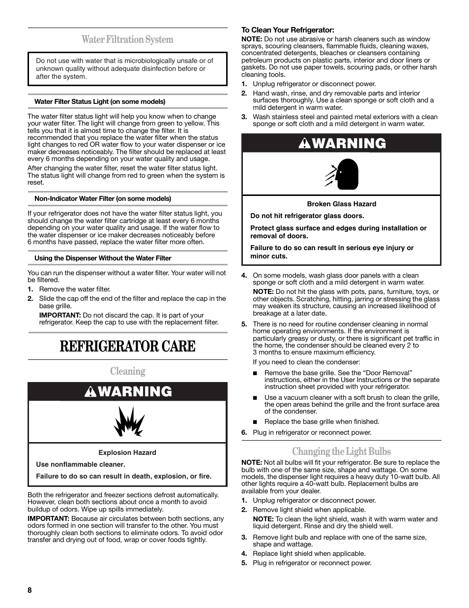 Refrigerator care, Warning, Water filtration system | Cleaning, Changing the light bulbs | Amana W10321485A User Manual | Page 8 / 54