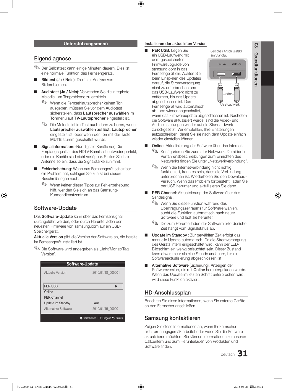 Eigendiagnose, Software-update, Hd-anschlussplan | Samsung kontaktieren | Samsung UE40C9000SP User Manual | Page 161 / 195