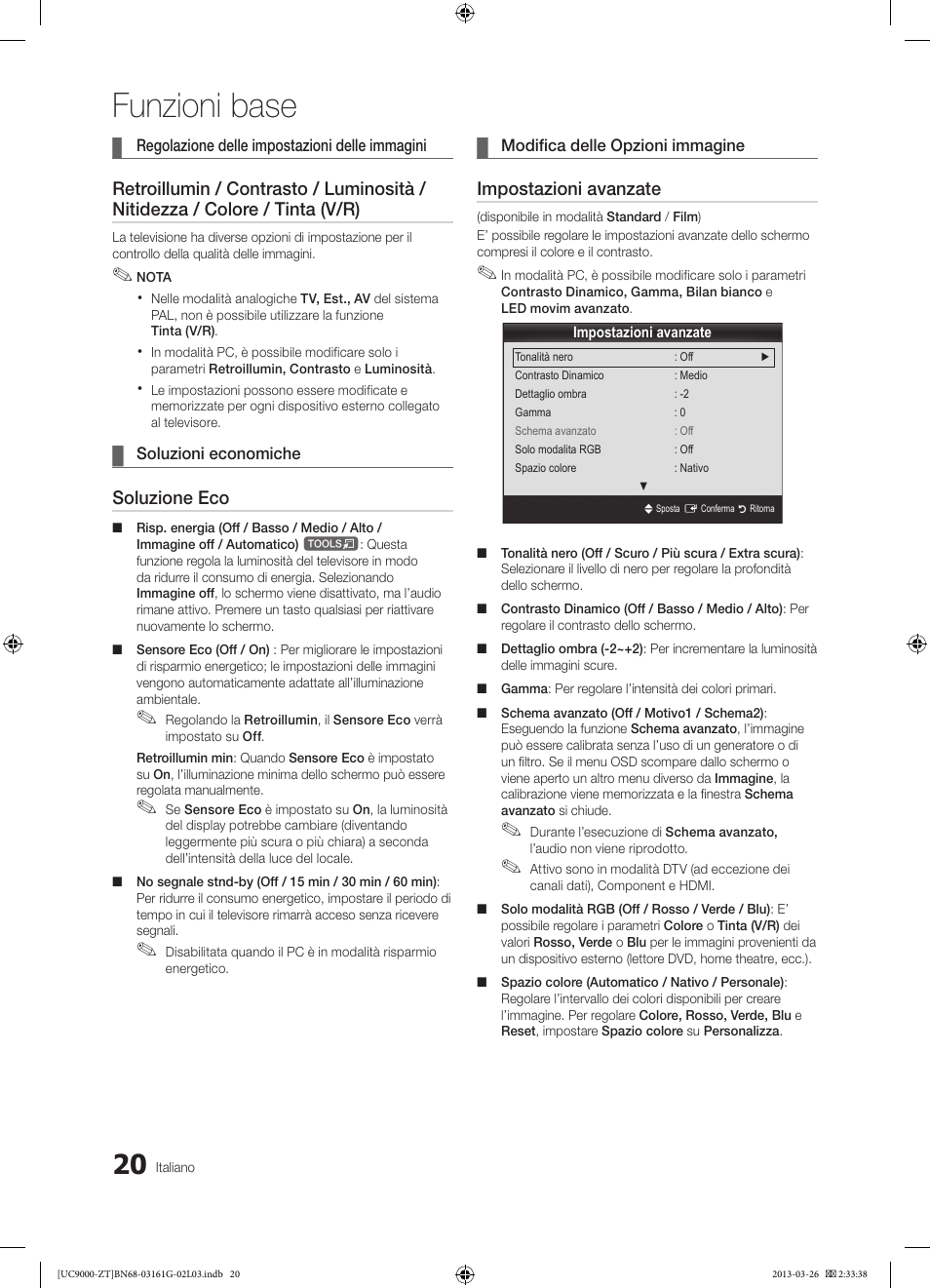 Funzioni base, Soluzione eco, Impostazioni avanzate | Samsung UE40C9000SP User Manual | Page 84 / 195
