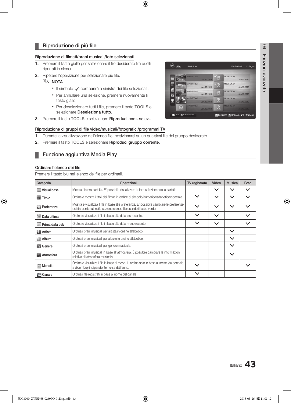 Riproduzione di più file, Funzione aggiuntiva media play | Samsung UE55C8000XP User Manual | Page 107 / 193