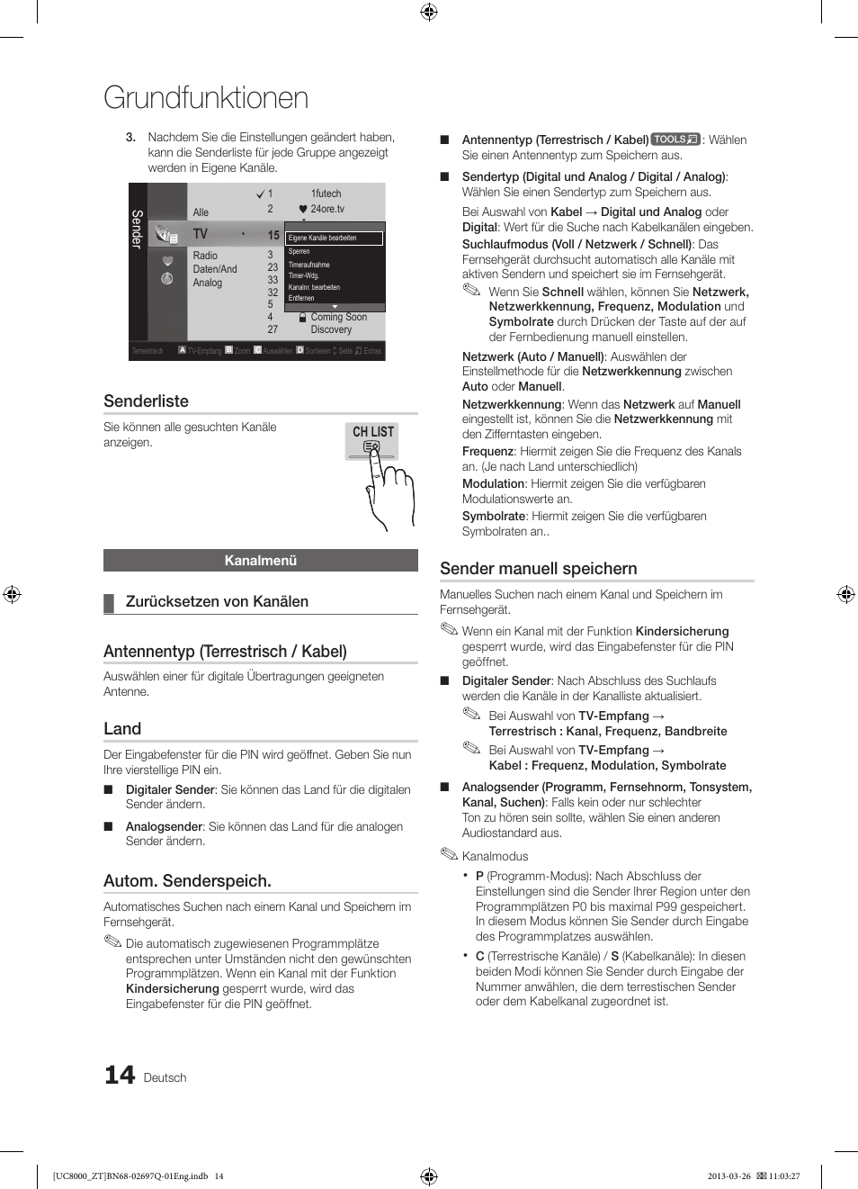 Grundfunktionen, Senderliste, Antennentyp (terrestrisch / kabel) | Land, Autom. senderspeich, Sender manuell speichern | Samsung UE55C8000XP User Manual | Page 142 / 193