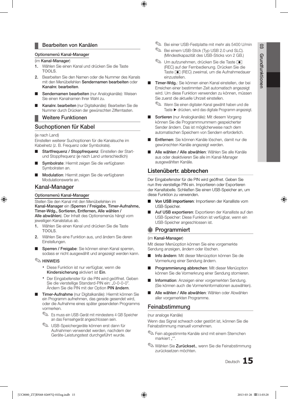Suchoptionen für kabel, Kanal-manager, Listenübertr. abbrechen | Programmiert, Feinabstimmung | Samsung UE55C8000XP User Manual | Page 143 / 193