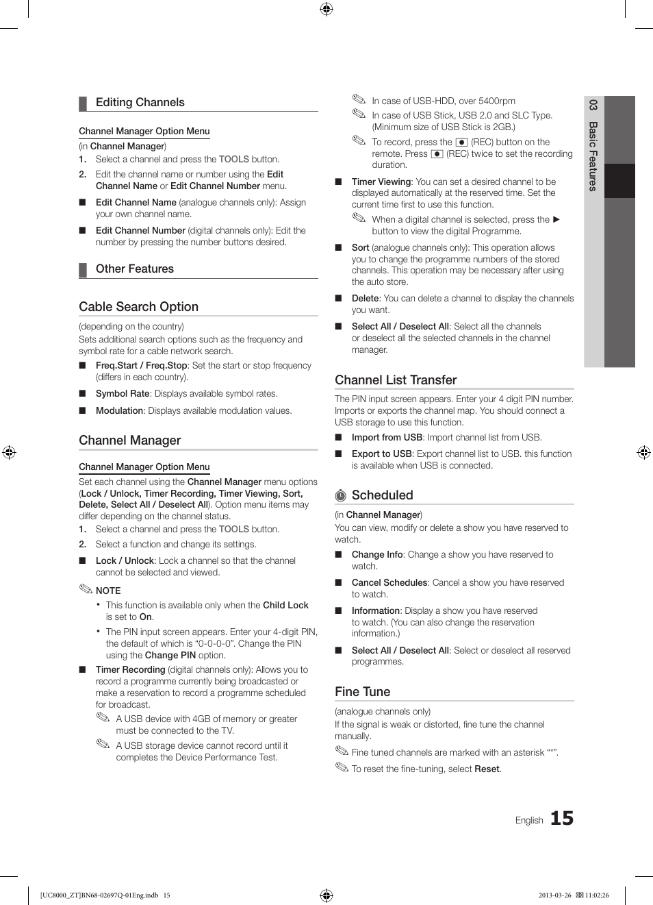 Cable search option, Channel manager, Channel list transfer | Scheduled, Fine tune | Samsung UE55C8000XP User Manual | Page 15 / 193