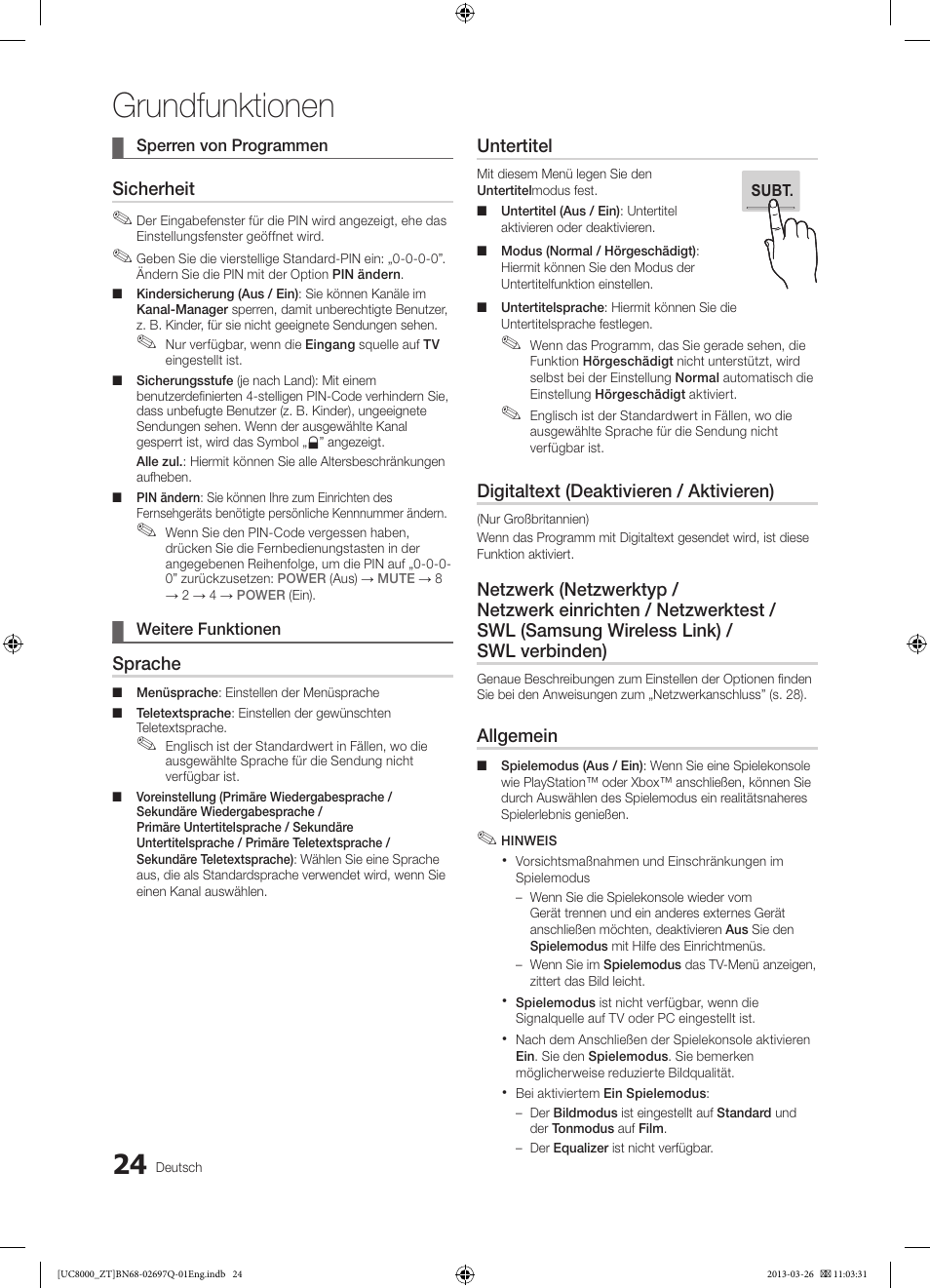 Grundfunktionen, Sicherheit, Sprache | Untertitel, Digitaltext (deaktivieren / aktivieren), Allgemein | Samsung UE55C8000XP User Manual | Page 152 / 193