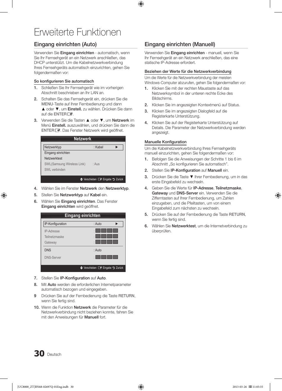 Erweiterte funktionen, Eingang einrichten (auto), Eingang einrichten (manuell) | Samsung UE55C8000XP User Manual | Page 158 / 193