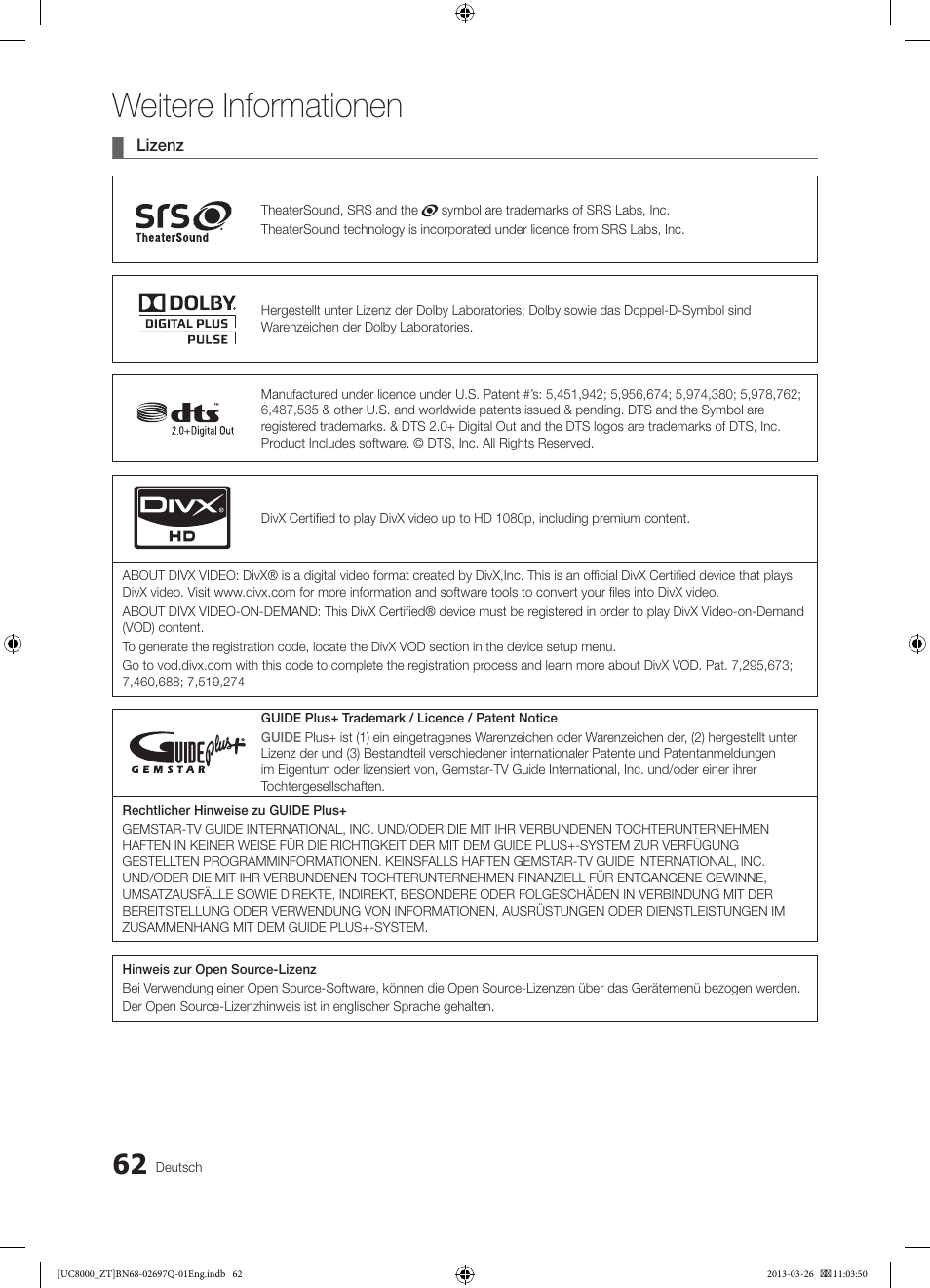 Weitere informationen | Samsung UE55C8000XP User Manual | Page 190 / 193
