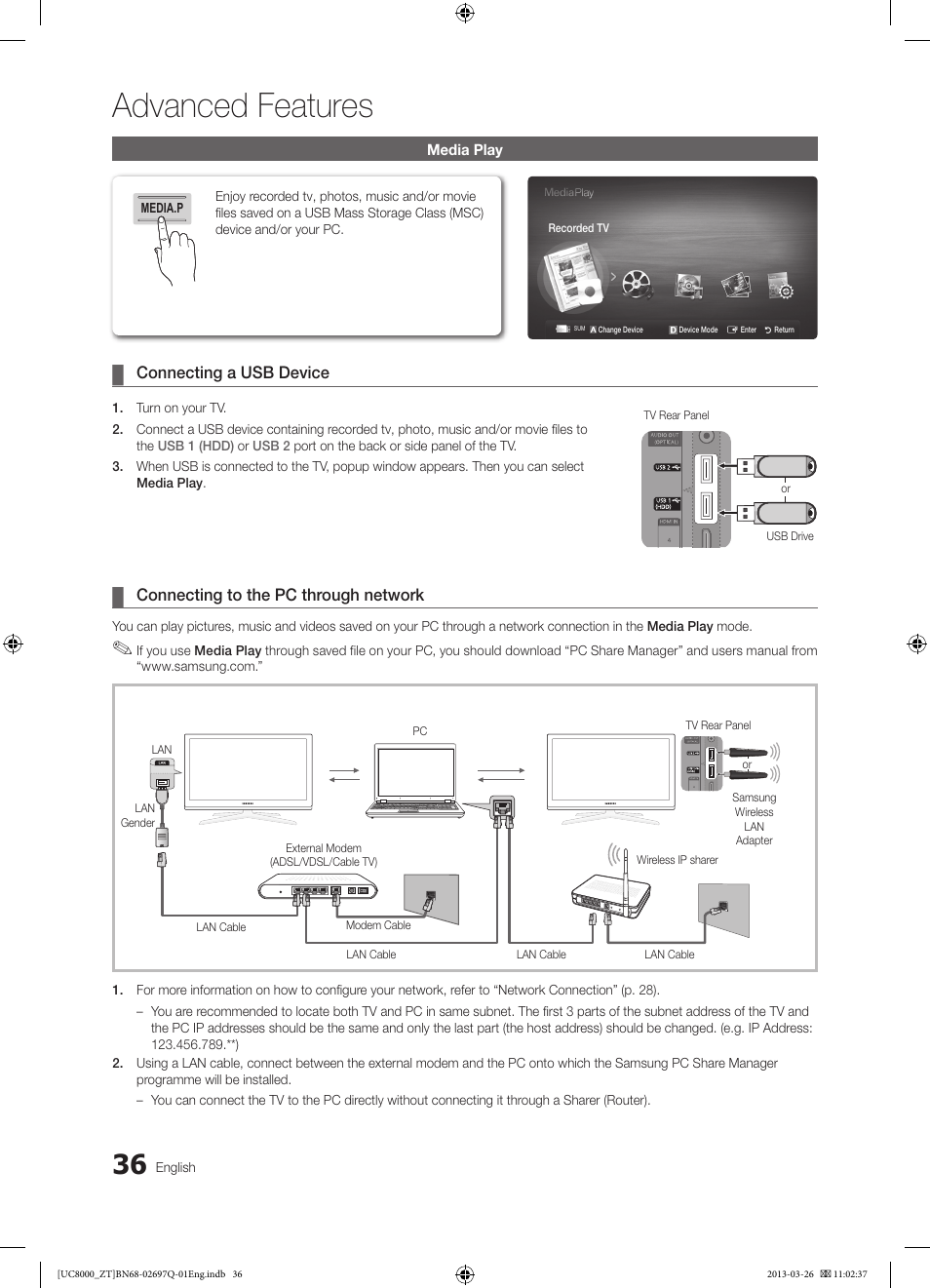 Advanced features | Samsung UE55C8000XP User Manual | Page 36 / 193