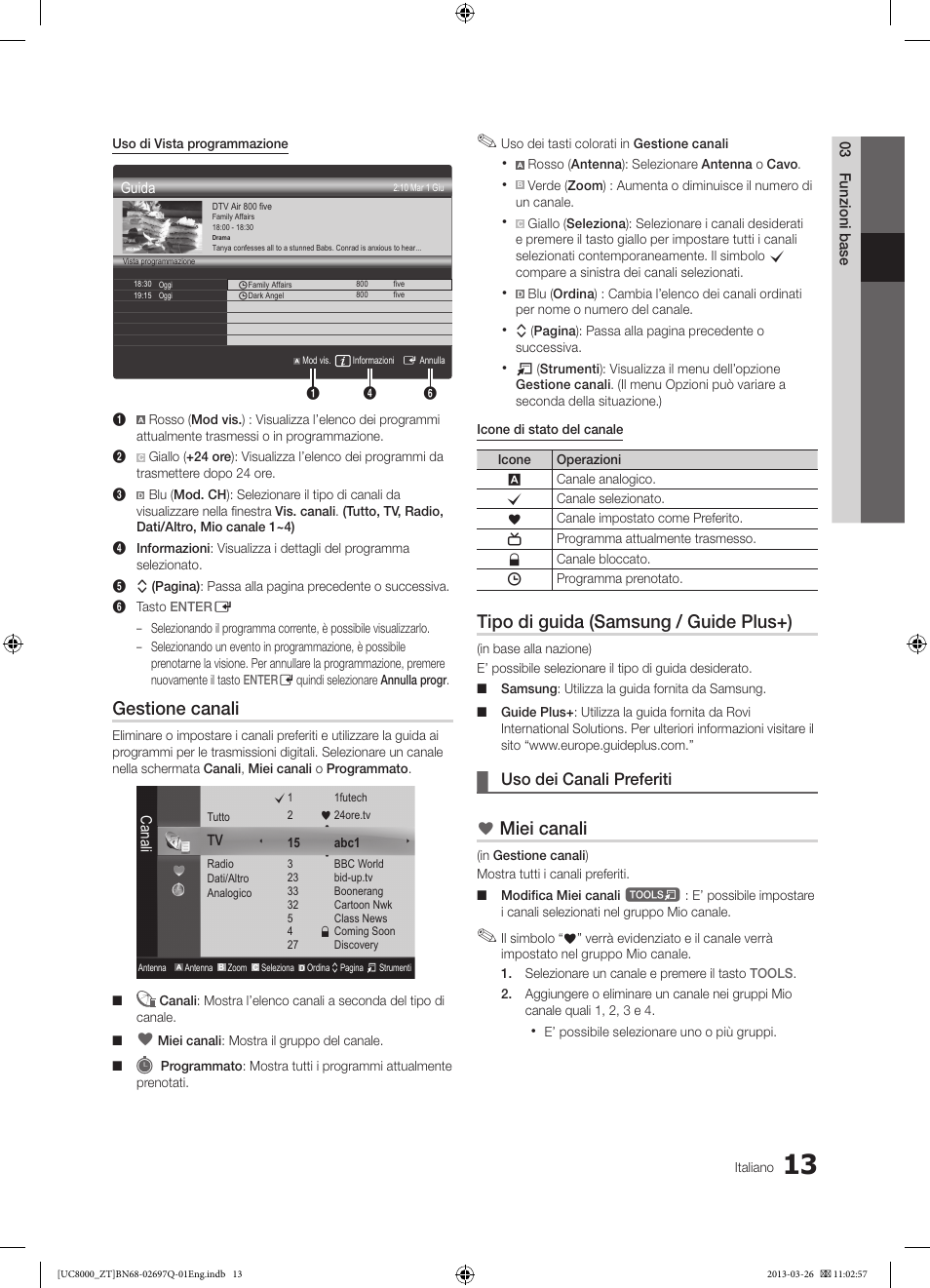 Gestione canali, Tipo di guida (samsung / guide plus+), Miei canali | Uso dei canali preferiti | Samsung UE55C8000XP User Manual | Page 77 / 193
