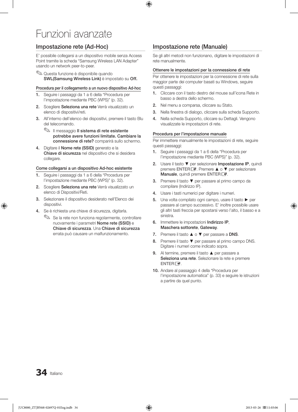 Funzioni avanzate, Impostazione rete (ad-hoc), Impostazione rete (manuale) | Samsung UE55C8000XP User Manual | Page 98 / 193