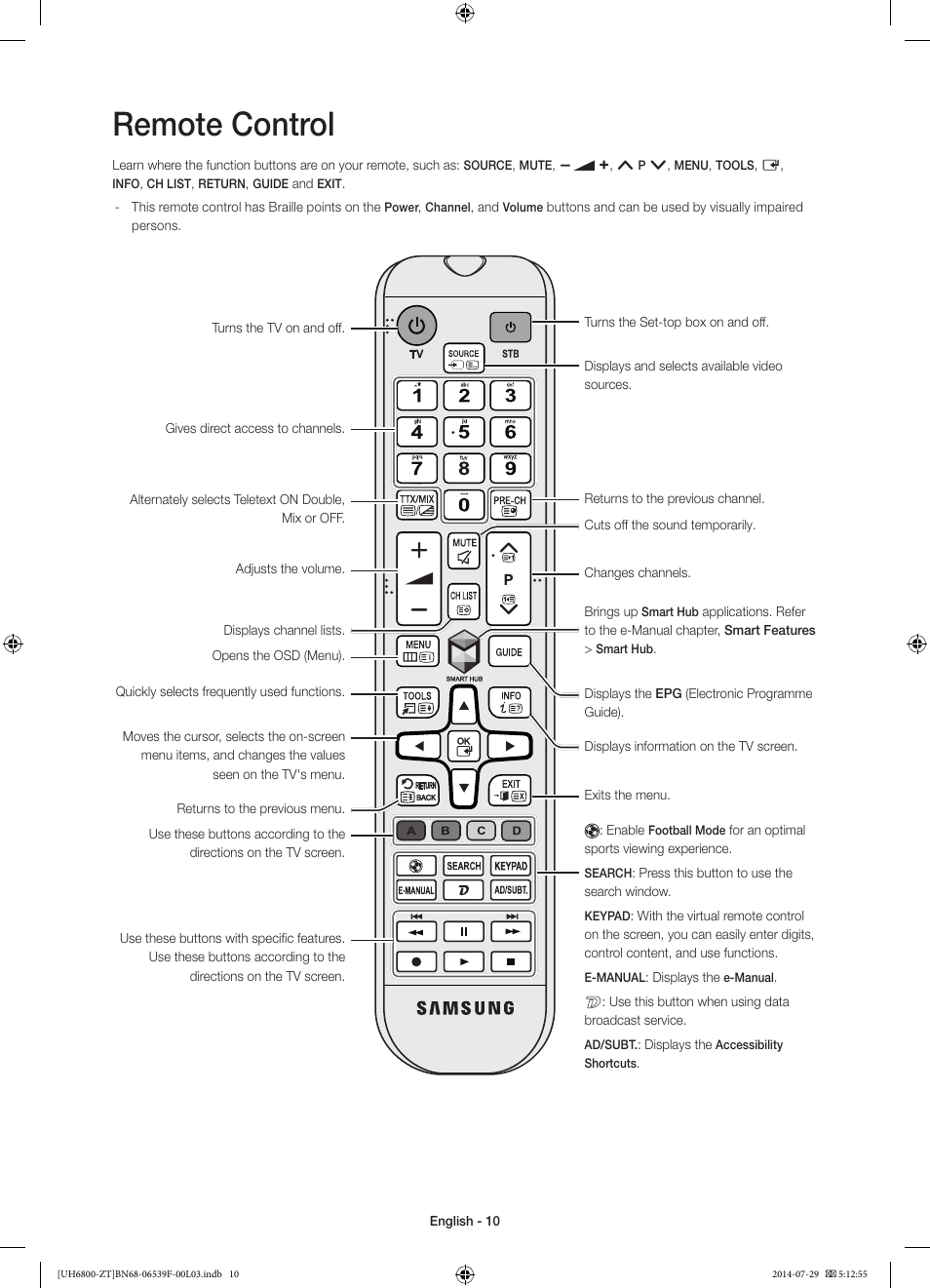 Remote control | Samsung UE55H6800AY User Manual | Page 10 / 61