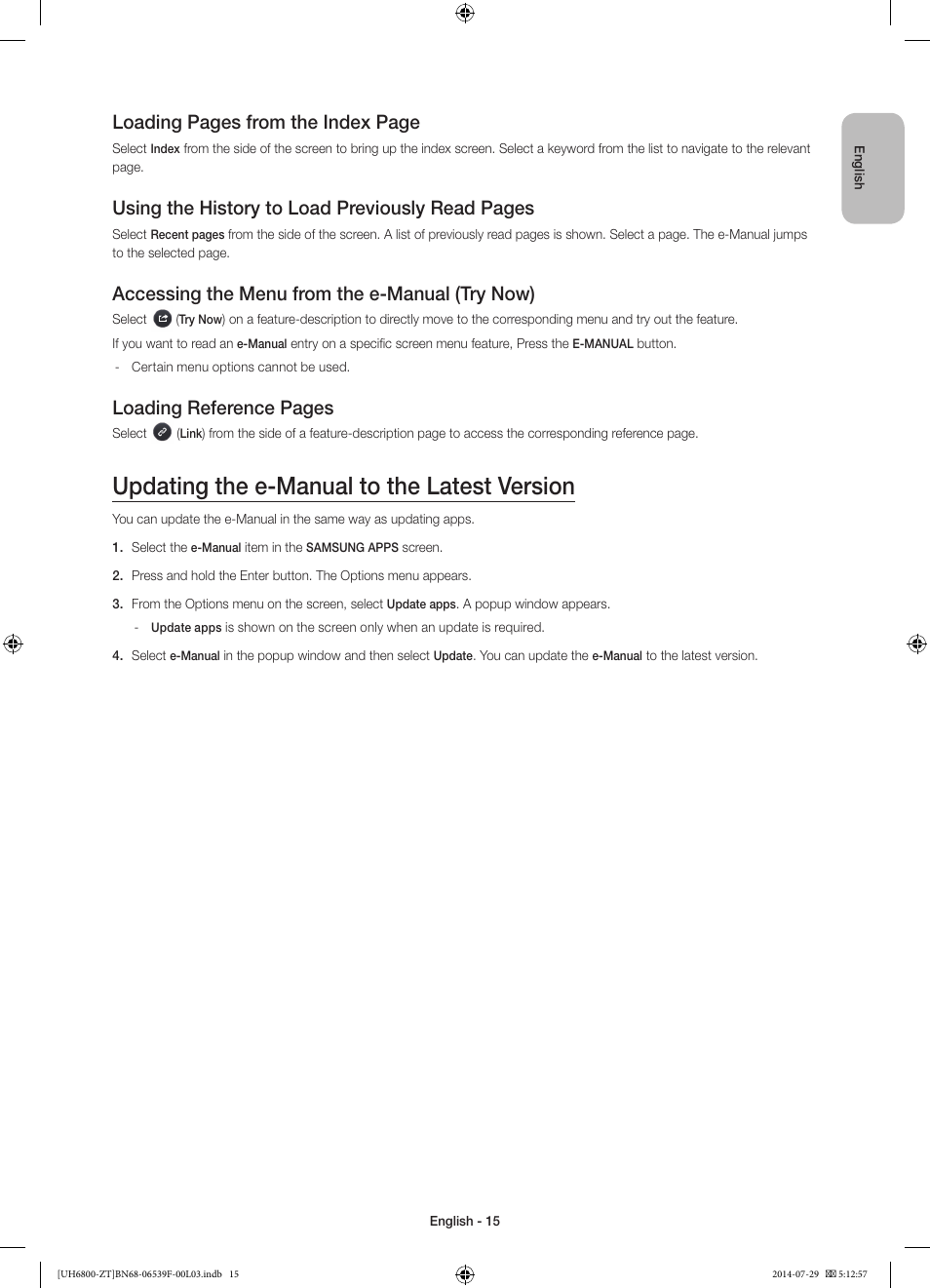 Updating the e-manual to the latest version, Loading pages from the index page, Using the history to load previously read pages | Accessing the menu from the e-manual (try now), Loading reference pages | Samsung UE55H6800AY User Manual | Page 15 / 61