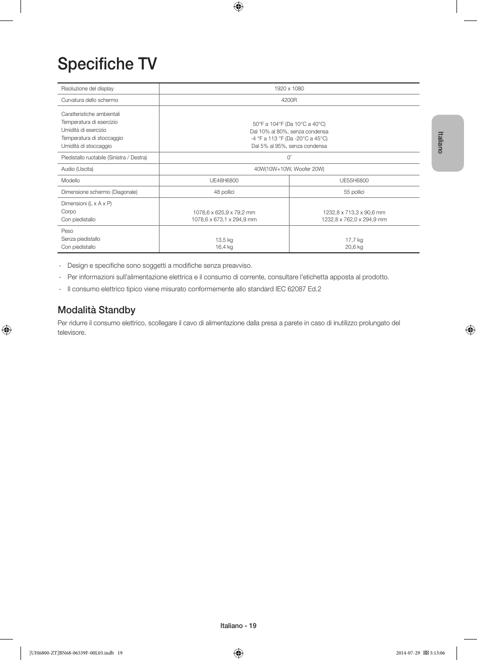 Specifiche tv, Modalità standby | Samsung UE55H6800AY User Manual | Page 39 / 61