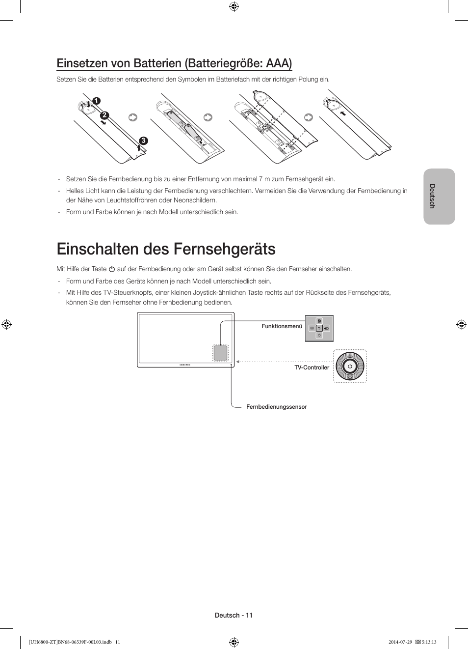 Einschalten des fernsehgeräts, Einsetzen von batterien (batteriegröße: aaa) | Samsung UE55H6800AY User Manual | Page 51 / 61
