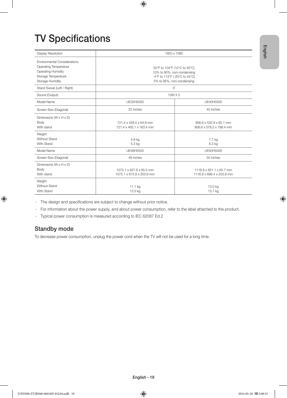 10 specifications and other information, Tv specifications, Standby mode | Samsung UE50H5500AY User Manual | Page 19 / 61