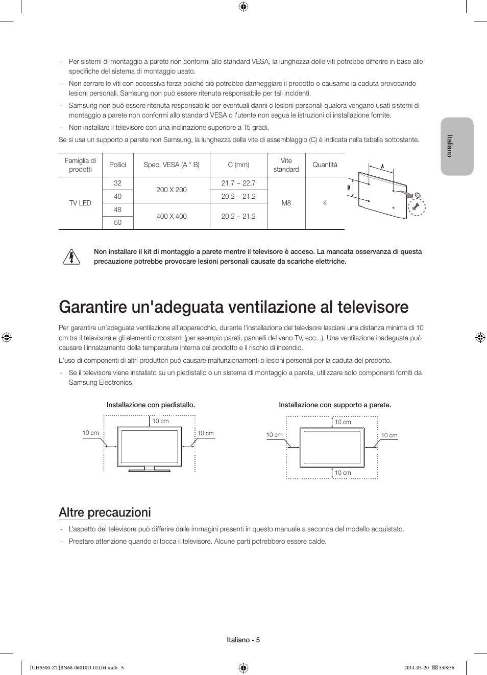 Garantire un'adeguata ventilazione al televisore, Altre precauzioni | Samsung UE50H5500AY User Manual | Page 25 / 61