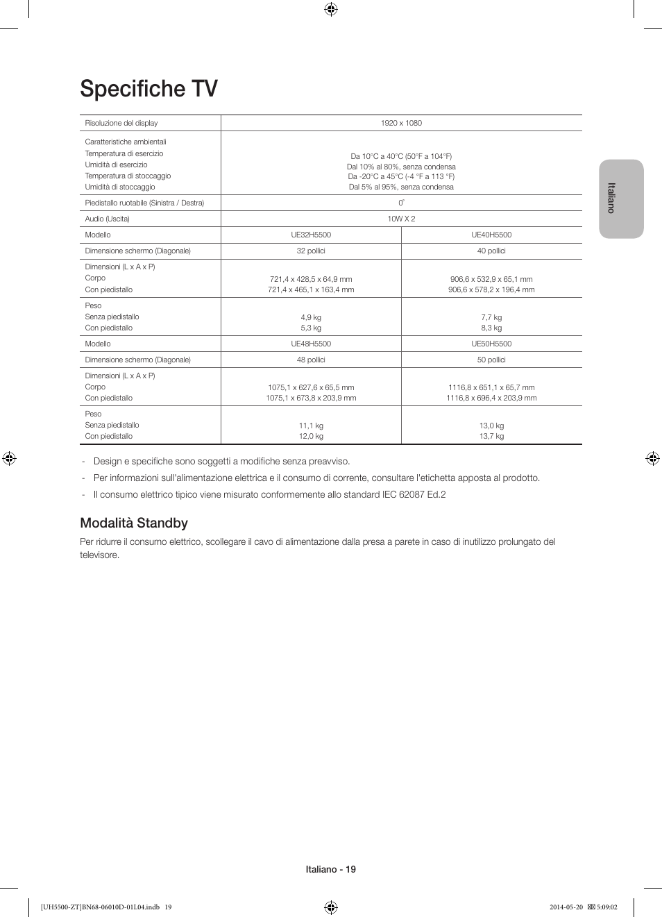 Specifiche tv, Modalità standby | Samsung UE50H5500AY User Manual | Page 39 / 61