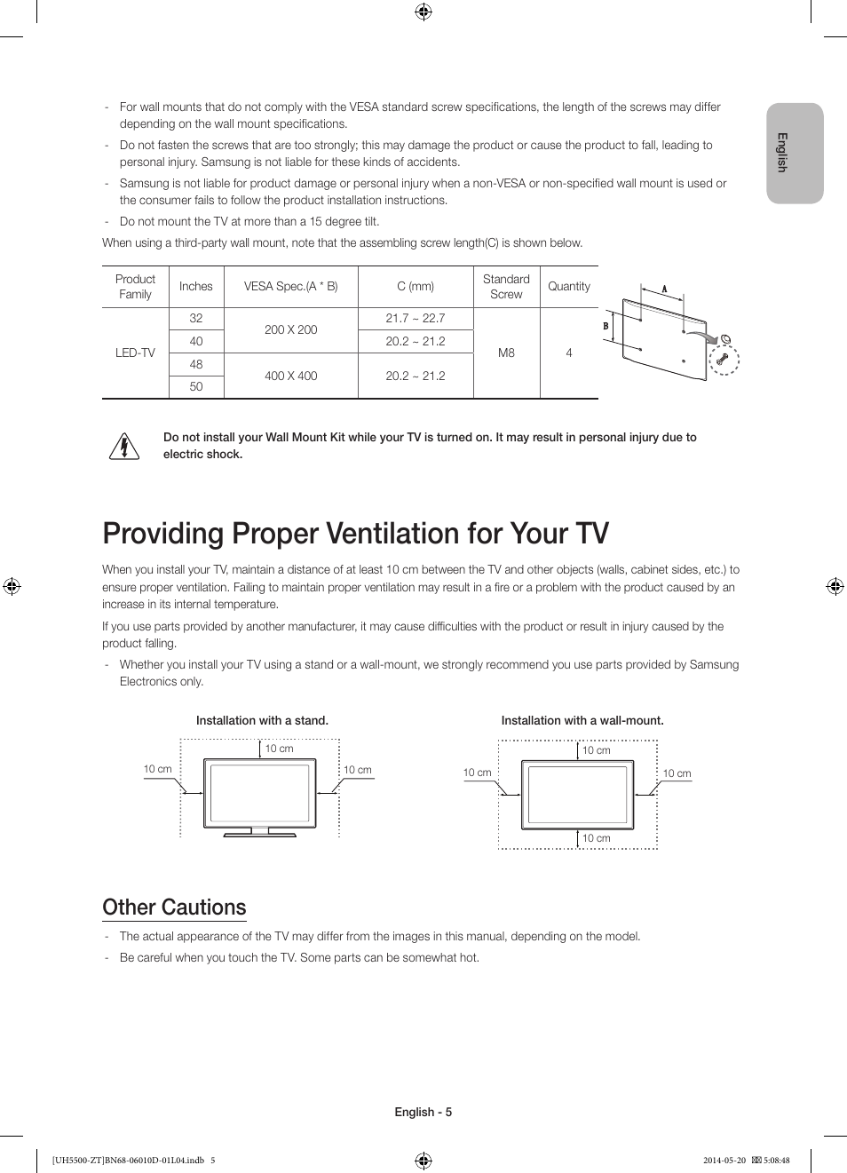 Providing proper ventilation for your tv, Other cautions | Samsung UE50H5500AY User Manual | Page 5 / 61