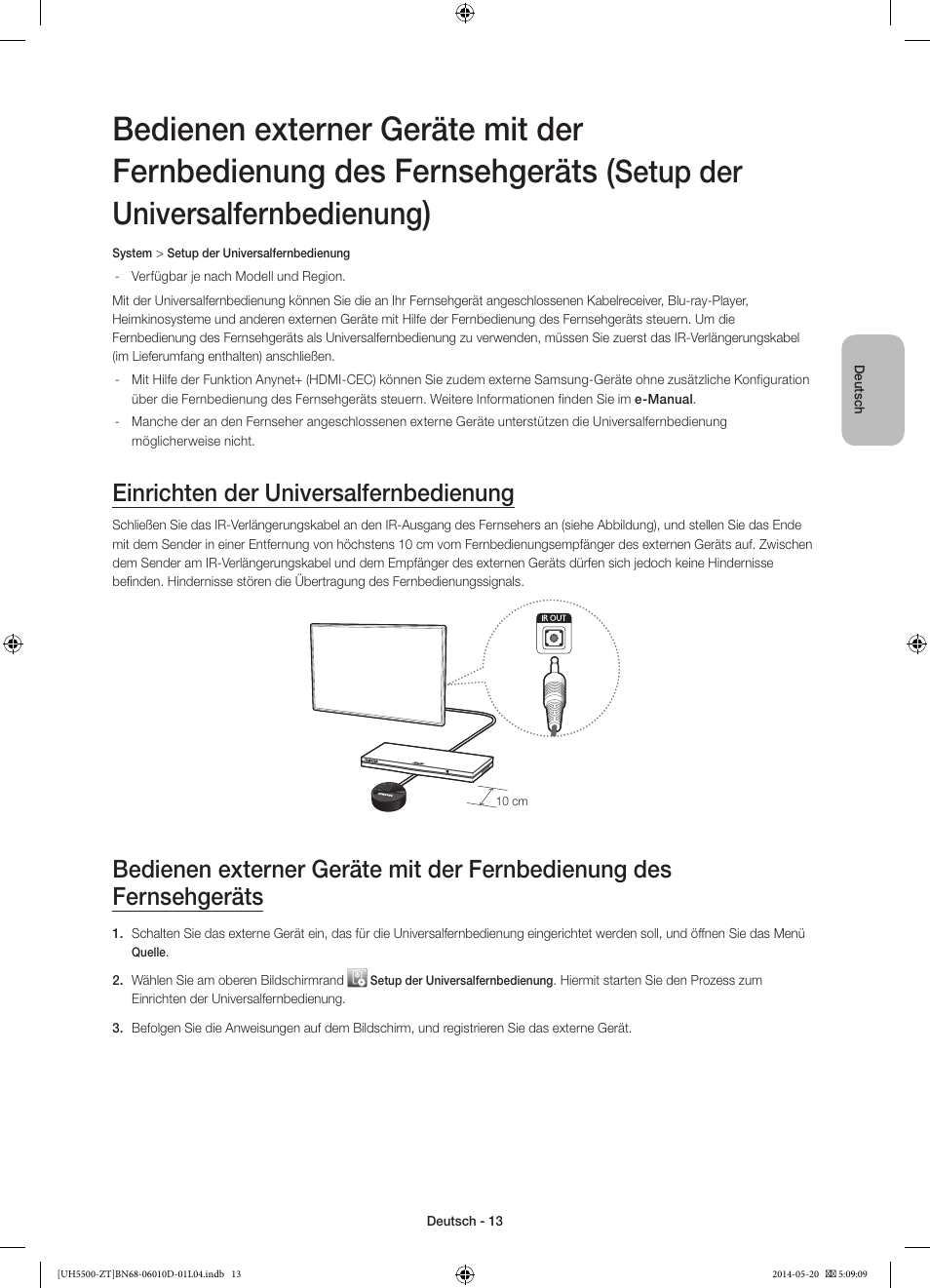 Setup der universalfernbedienung, Einrichten der universalfernbedienung | Samsung UE50H5500AY User Manual | Page 53 / 61