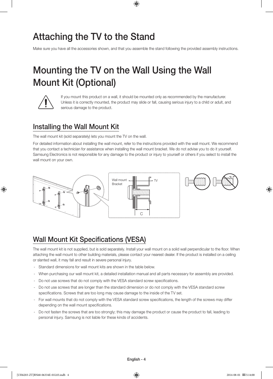 Attaching the tv to the stand, Installing the wall mount kit, Wall mount kit specifications (vesa) | Samsung UE32H5303AK User Manual | Page 4 / 61
