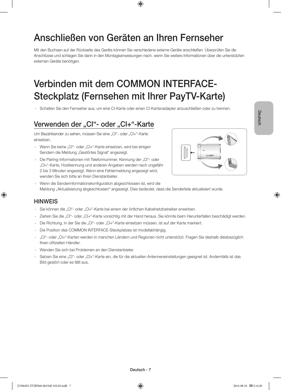 Anschließen von geräten an ihren fernseher, Verwenden der „ci“- oder „ci+“-karte, Hinweis | Samsung UE32H5303AK User Manual | Page 47 / 61