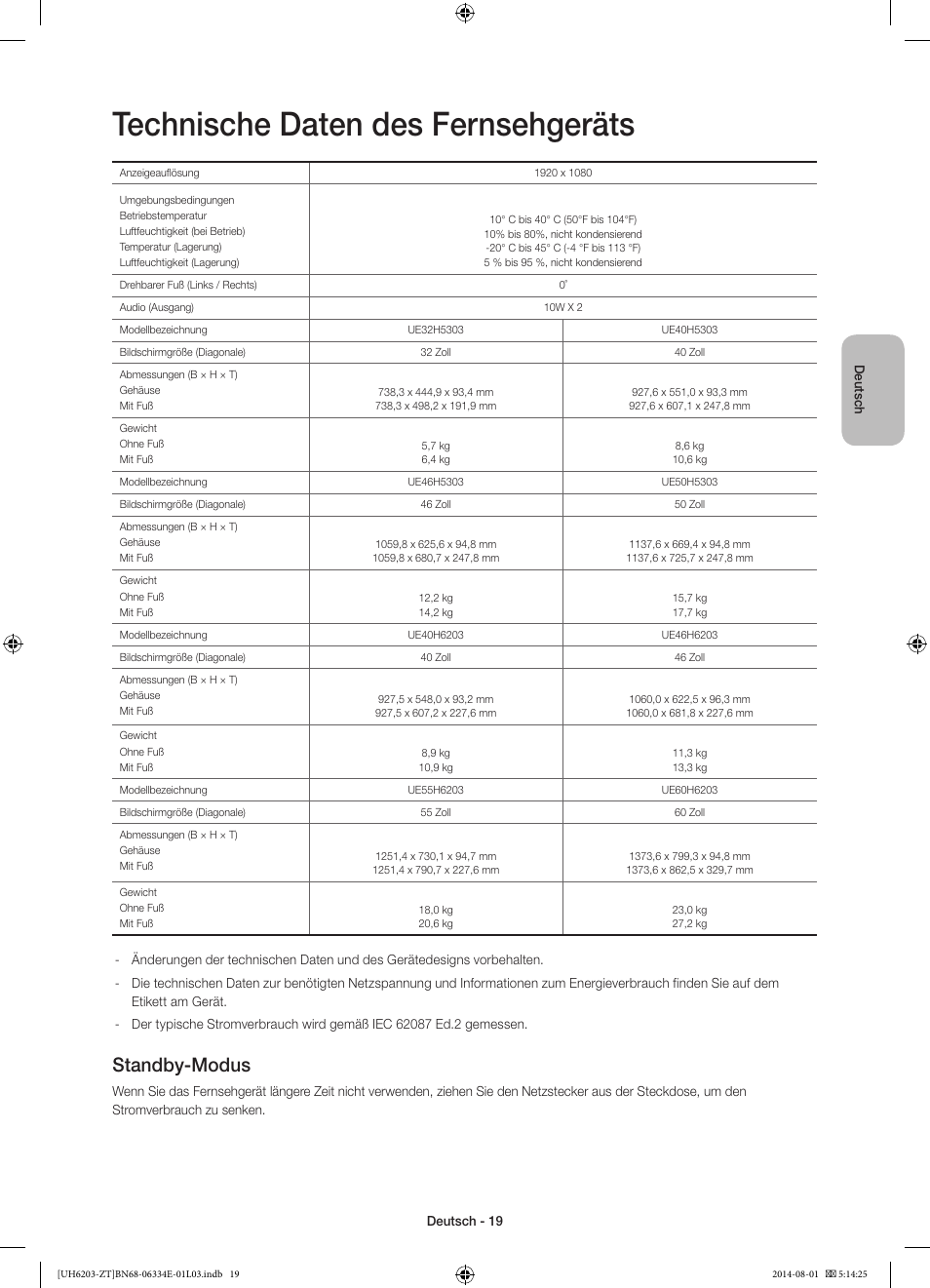 Technische daten des fernsehgeräts, Standby-modus | Samsung UE32H5303AK User Manual | Page 59 / 61