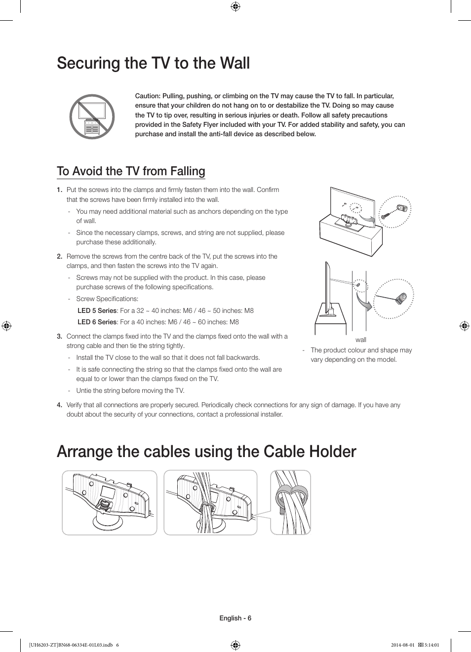 Securing the tv to the wall, Arrange the cables using the cable holder | Samsung UE32H5303AK User Manual | Page 6 / 61