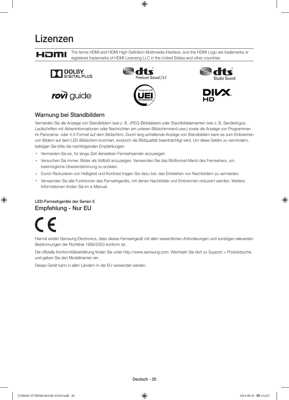 Lizenzen, Warnung bei standbildern, Empfehlung - nur eu | Samsung UE32H5303AK User Manual | Page 60 / 61