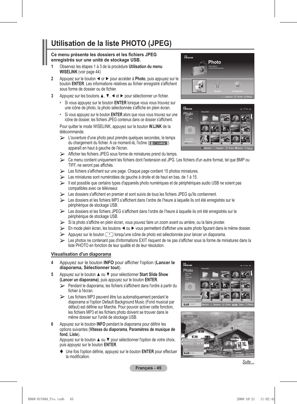 Utilisation de la liste photo (jpeg), Photo | Samsung PS58A656T1F User Manual | Page 109 / 567