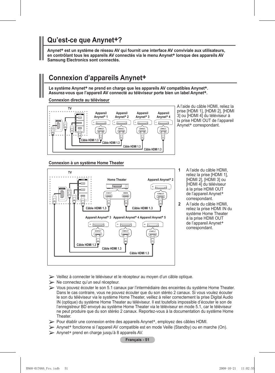 Connexion d’appareils anynet, Qu’est-ce que anynet | Samsung PS58A656T1F User Manual | Page 115 / 567