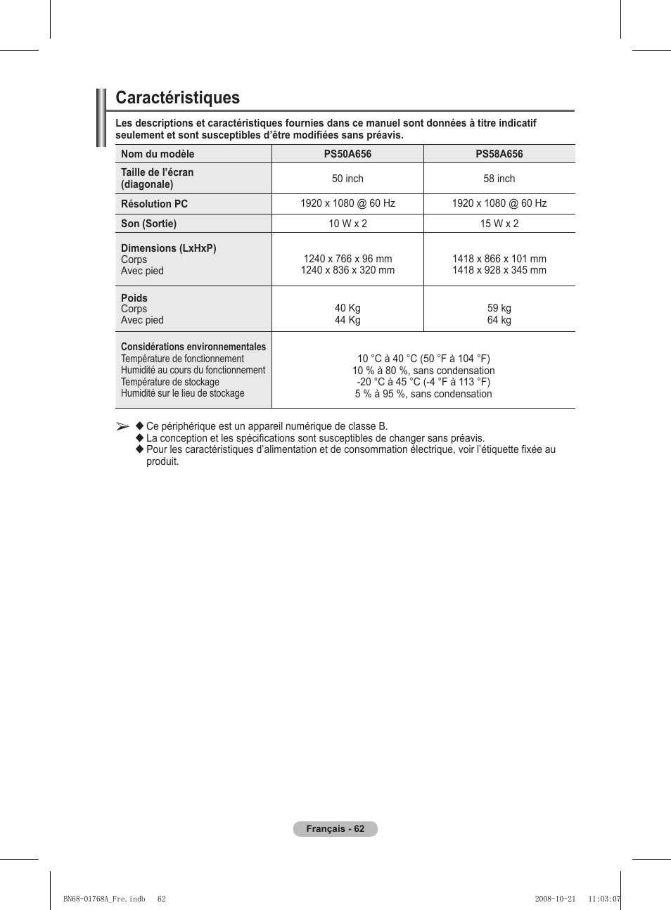 Caractéristiques | Samsung PS58A656T1F User Manual | Page 126 / 567
