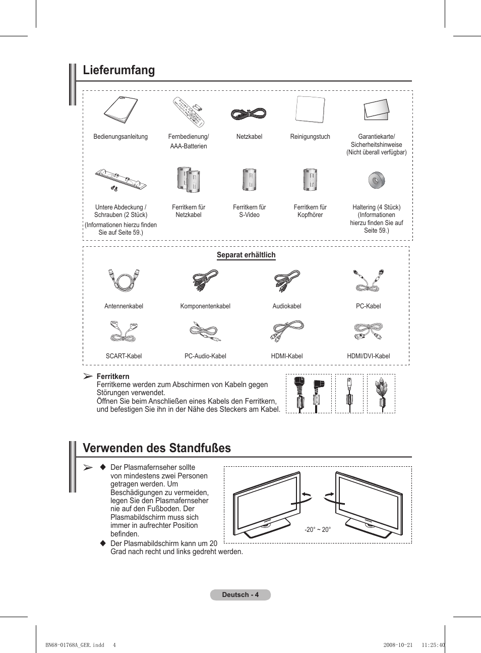 Lieferumfang, Verwenden des standfußes | Samsung PS58A656T1F User Manual | Page 131 / 567