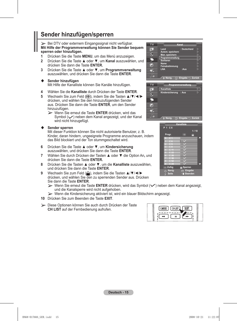 Sender hinzufügen/sperren | Samsung PS58A656T1F User Manual | Page 142 / 567