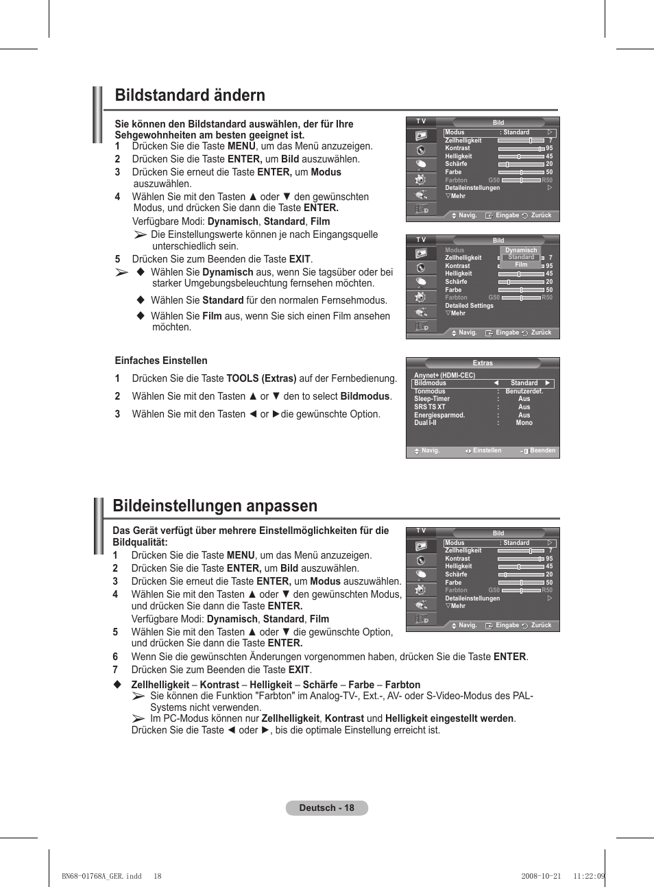 Bildstandard ändern, Bildeinstellungen anpassen | Samsung PS58A656T1F User Manual | Page 145 / 567