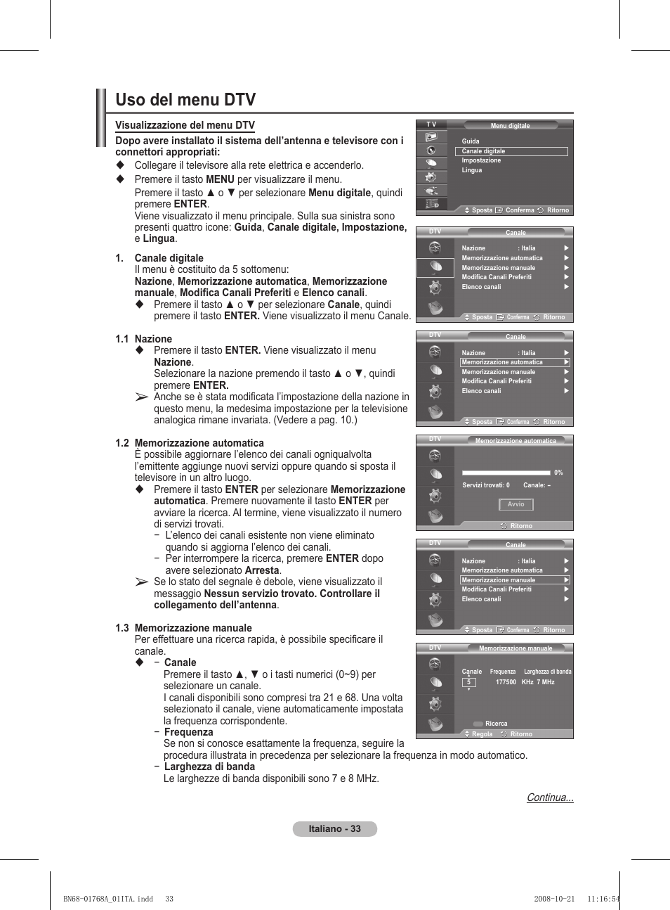 Uso del menu dtv, Continua | Samsung PS58A656T1F User Manual | Page 285 / 567