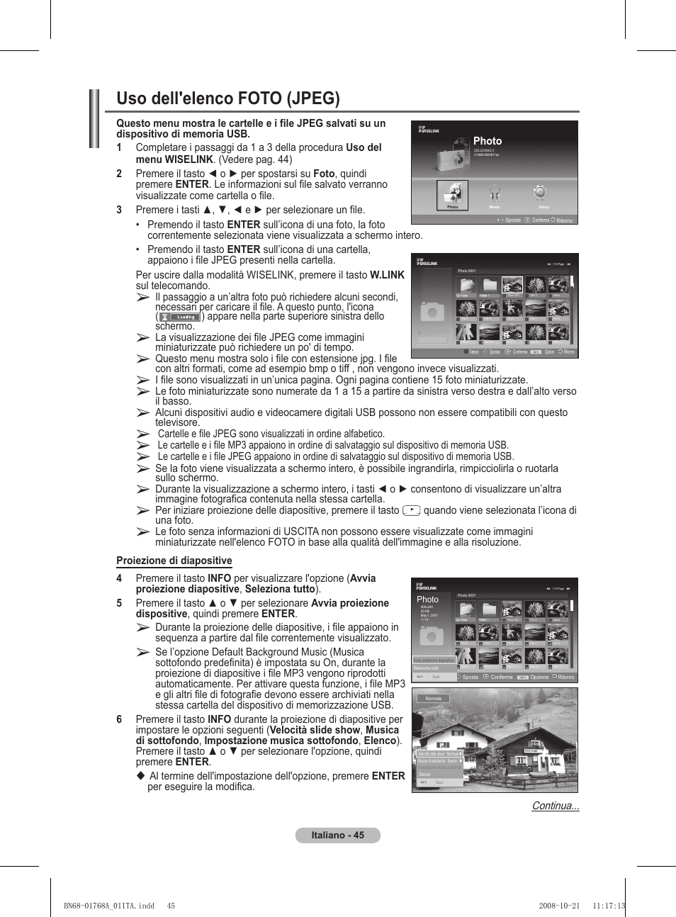 Uso dell'elenco foto (jpeg), Continua | Samsung PS58A656T1F User Manual | Page 297 / 567