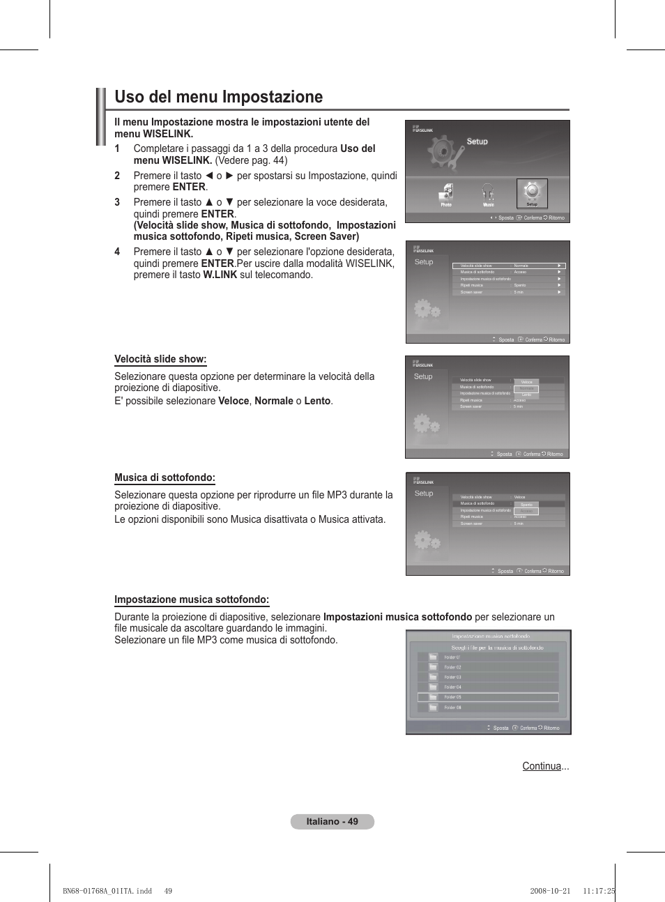 Uso del menu impostazione, Italiano - 4 | Samsung PS58A656T1F User Manual | Page 301 / 567