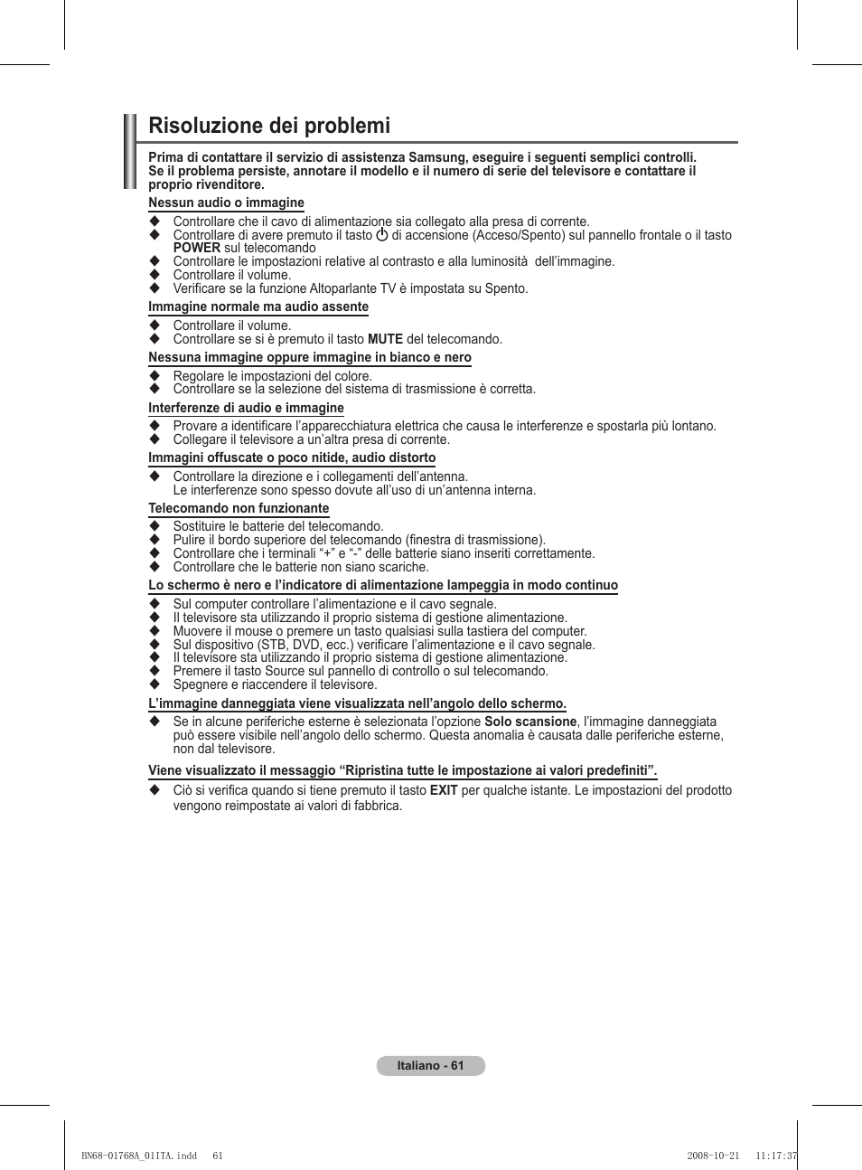 Risoluzione dei problemi | Samsung PS58A656T1F User Manual | Page 313 / 567