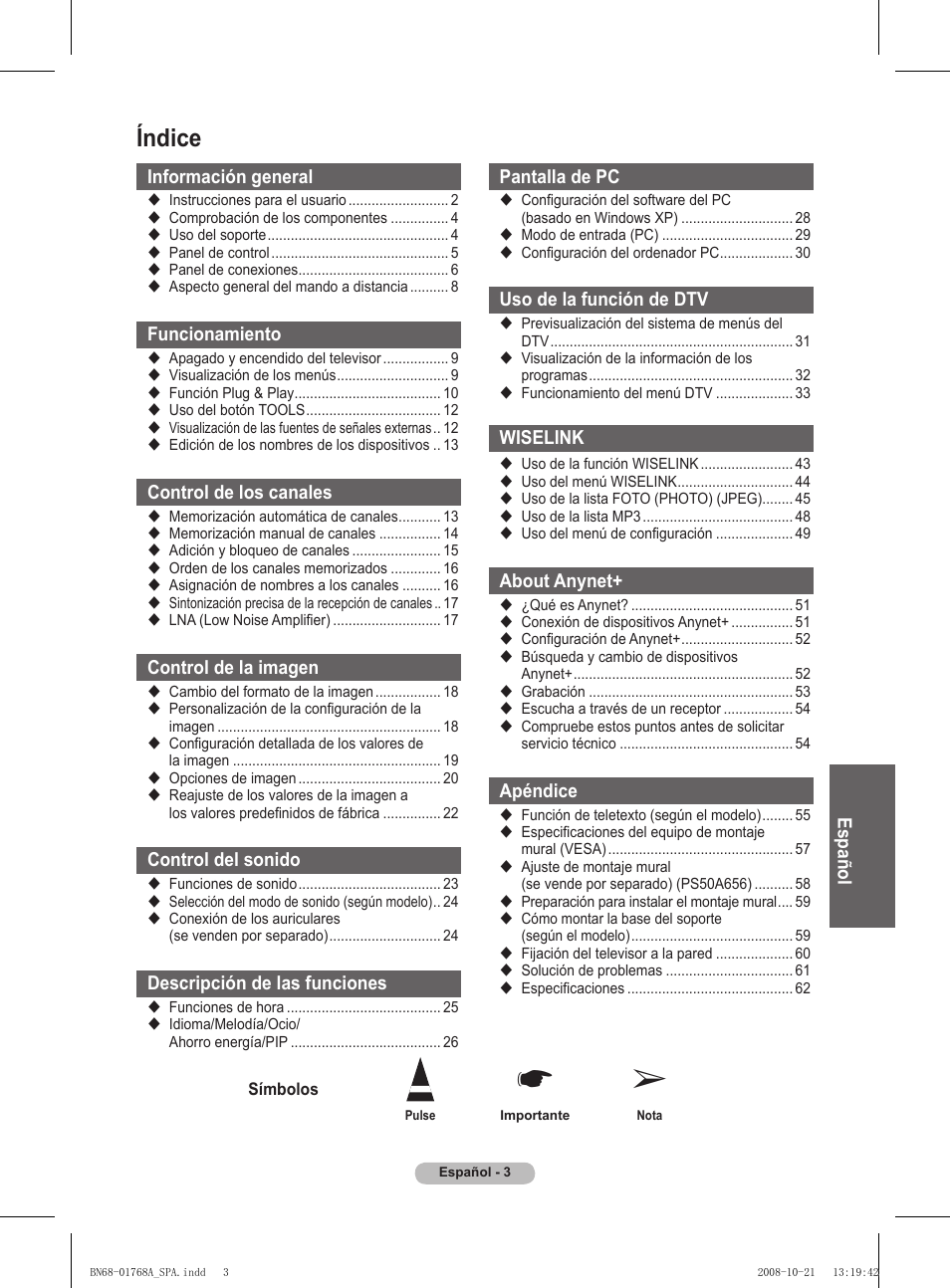 Índice | Samsung PS58A656T1F User Manual | Page 318 / 567