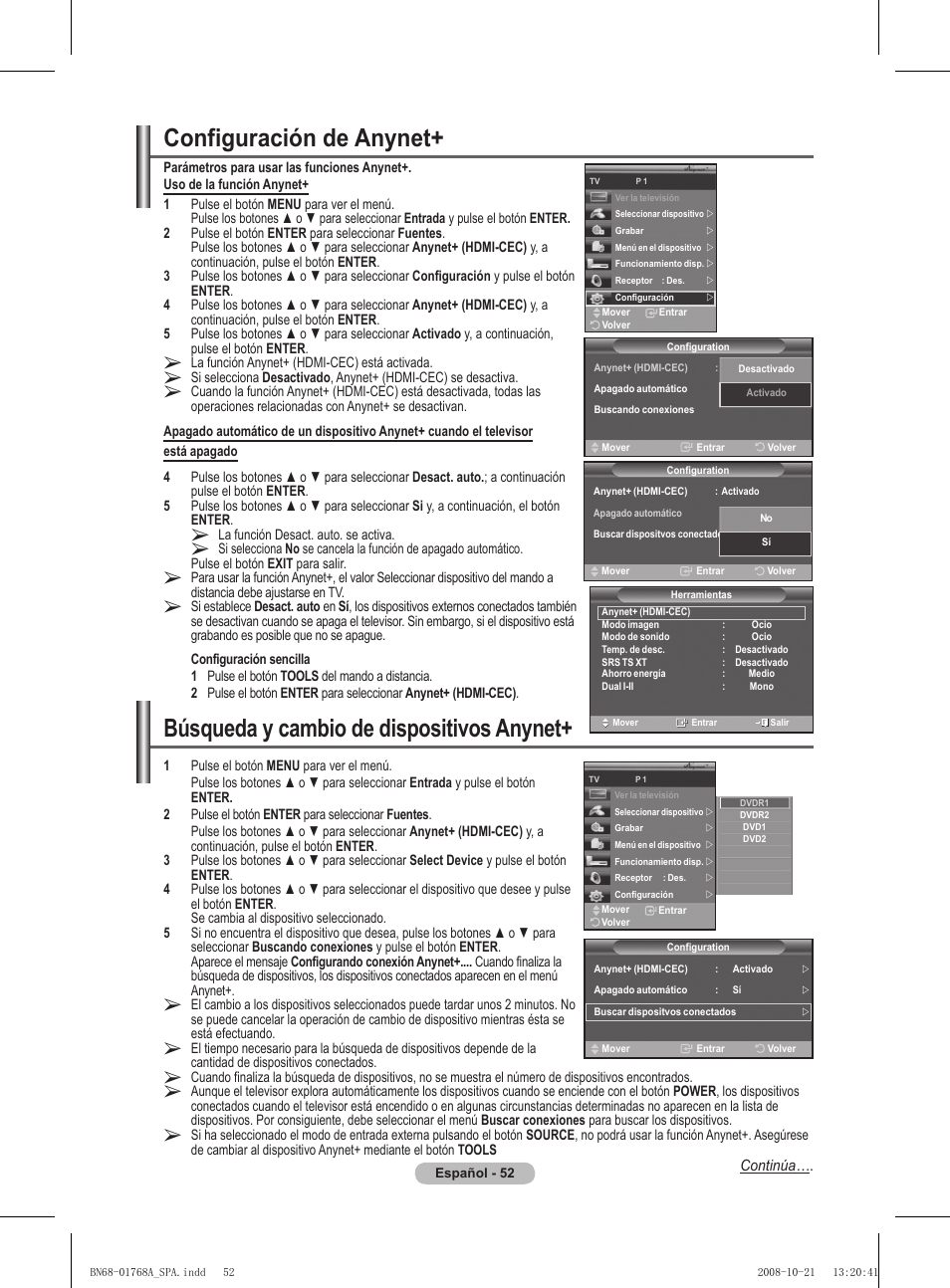 Configuración de anynet, Búsqueda y cambio de dispositivos anynet | Samsung PS58A656T1F User Manual | Page 367 / 567