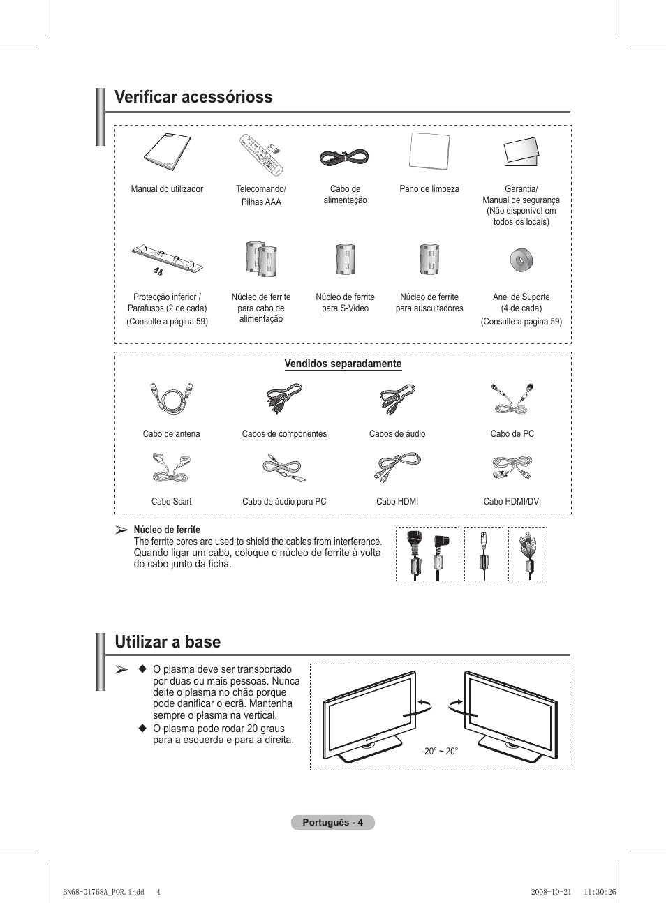 Verificar acessórioss, Utilizar a base | Samsung PS58A656T1F User Manual | Page 381 / 567