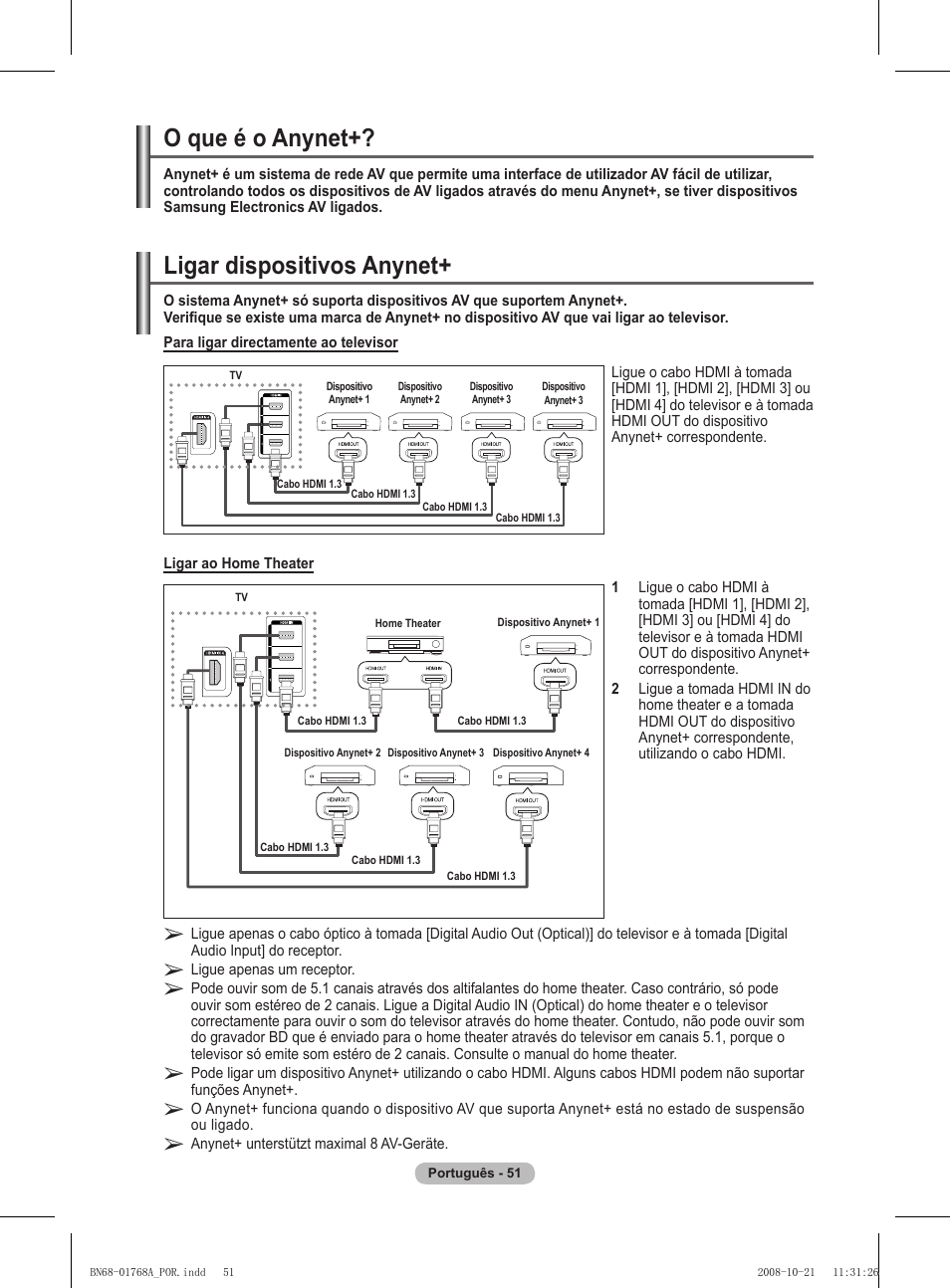 O que é o anynet, Ligar dispositivos anynet | Samsung PS58A656T1F User Manual | Page 428 / 567
