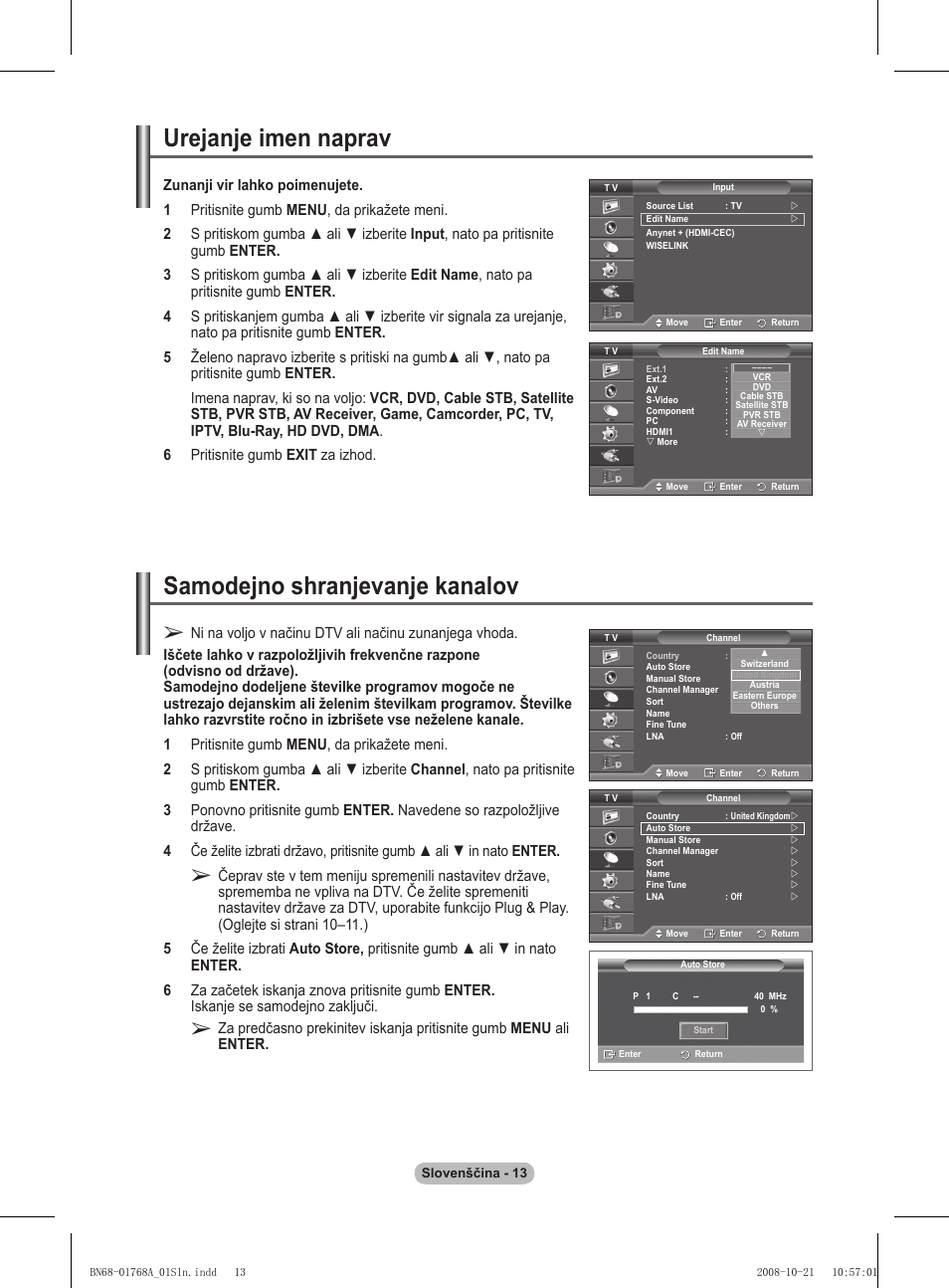 Urejanje imen naprav, Samodejno shranjevanje kanalov | Samsung PS58A656T1F User Manual | Page 453 / 567