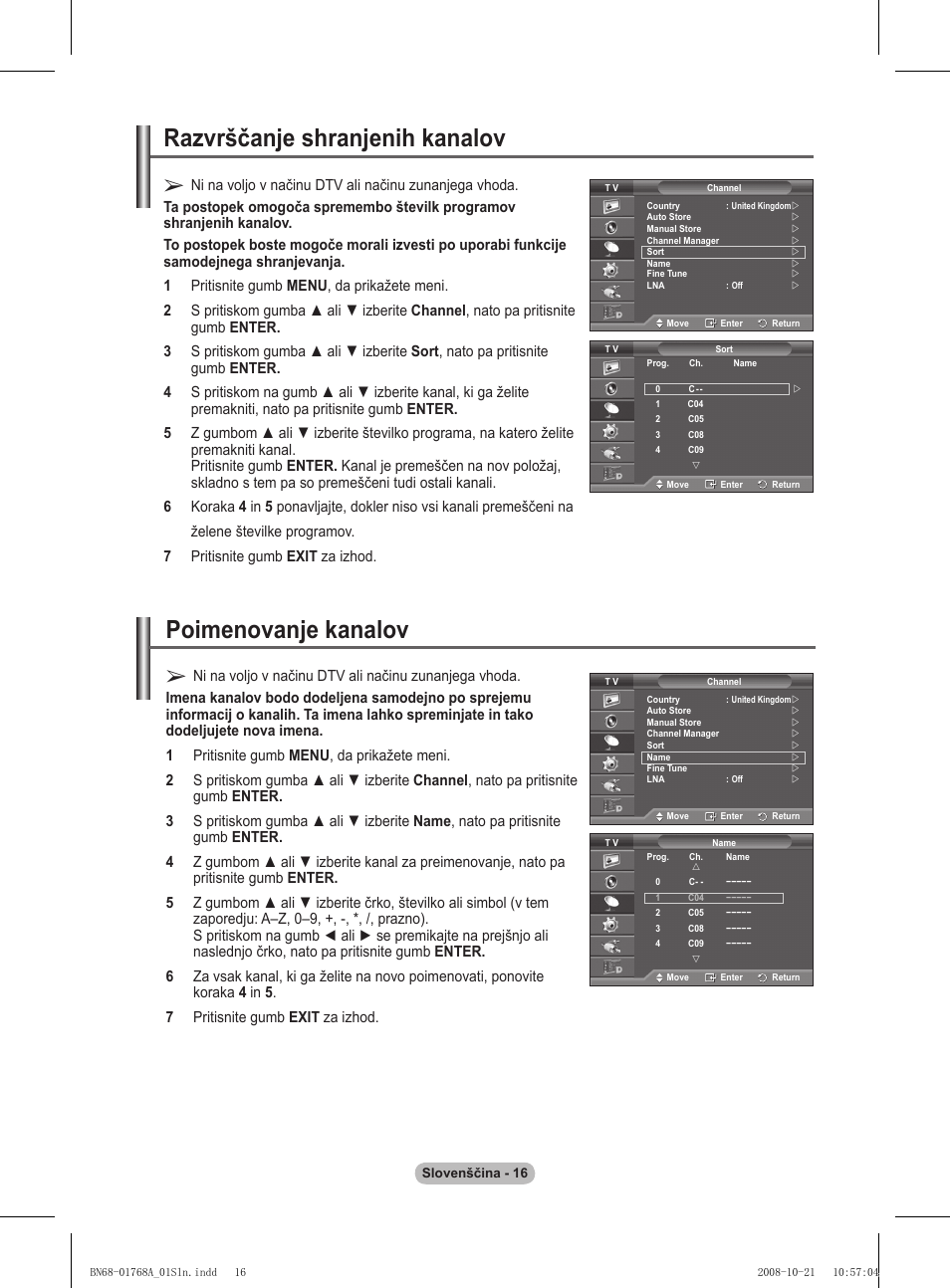 Razvrščanje shranjenih kanalov, Poimenovanje kanalov | Samsung PS58A656T1F User Manual | Page 456 / 567